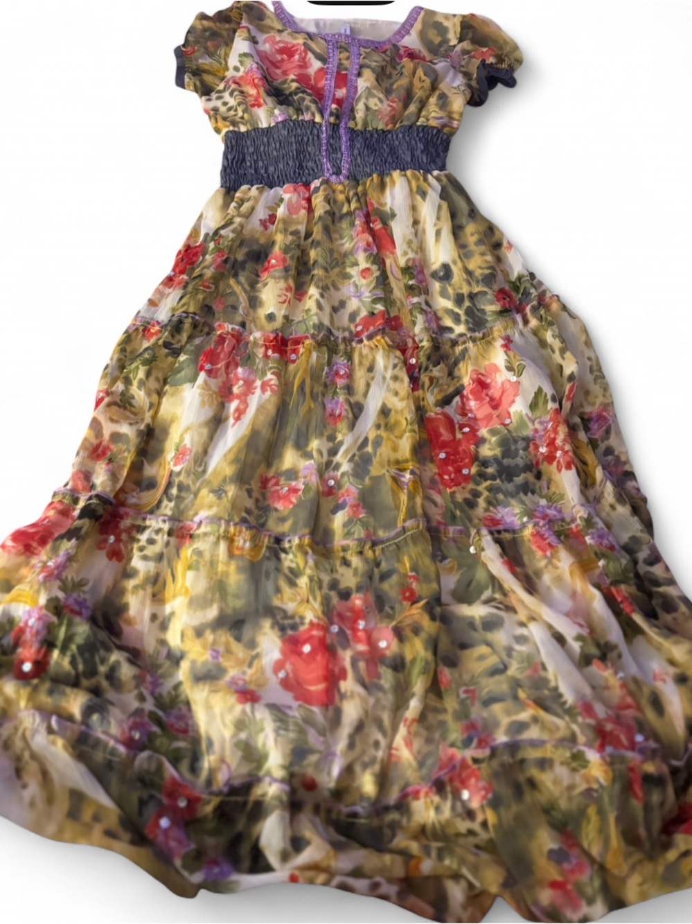 Floral Chiffon Maxi Dress with Smocked Waist - Multi/Red